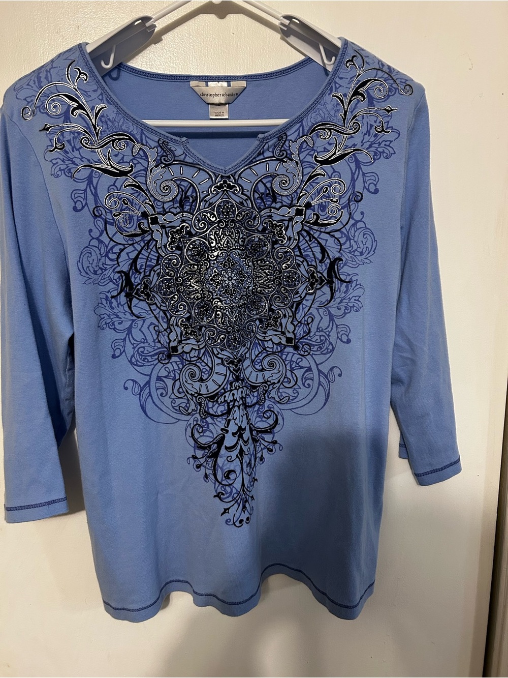 Christopher & Banks Blue Embellished V-Neck Top